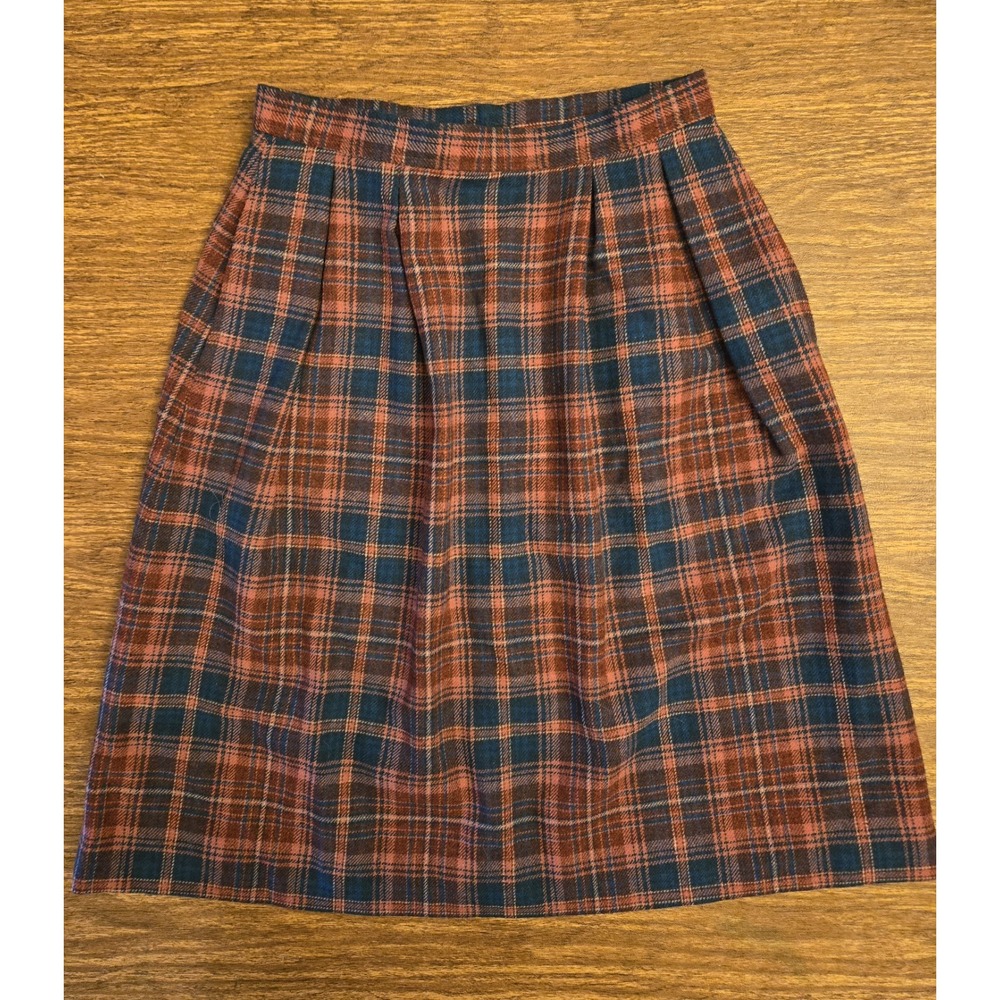 Young Pendleton Vtg Wool Pleated Plaid Pleated Skirt Size 7/8 Red Navy Tartan